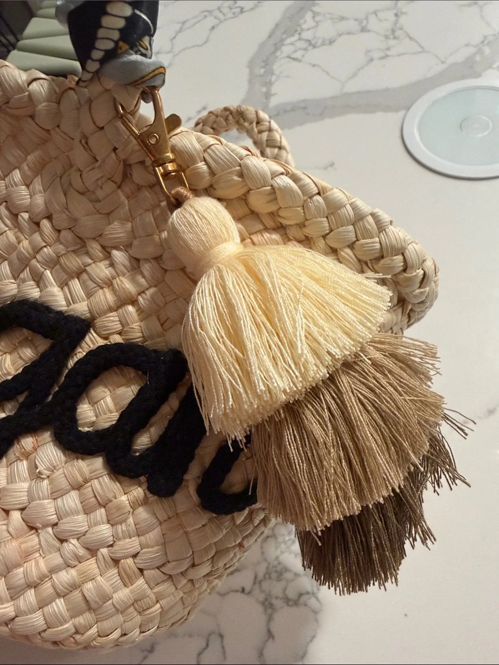 Handwoven Natural Straw Tote Bag with Black Script